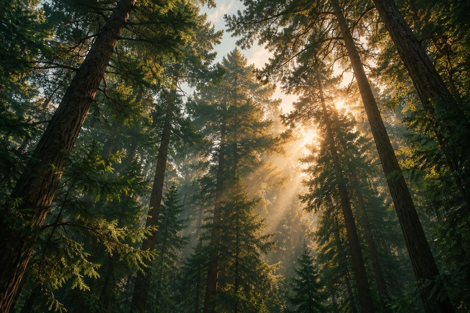 Illustrative sunlight streaming through a pine canopy