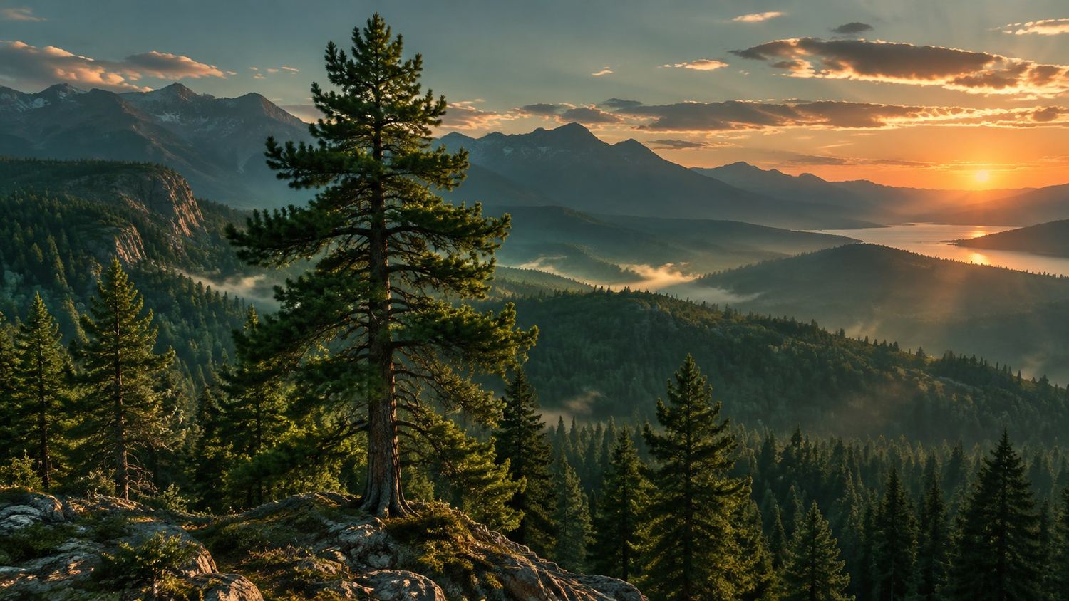 Illustrative pine forest ridge at sunset