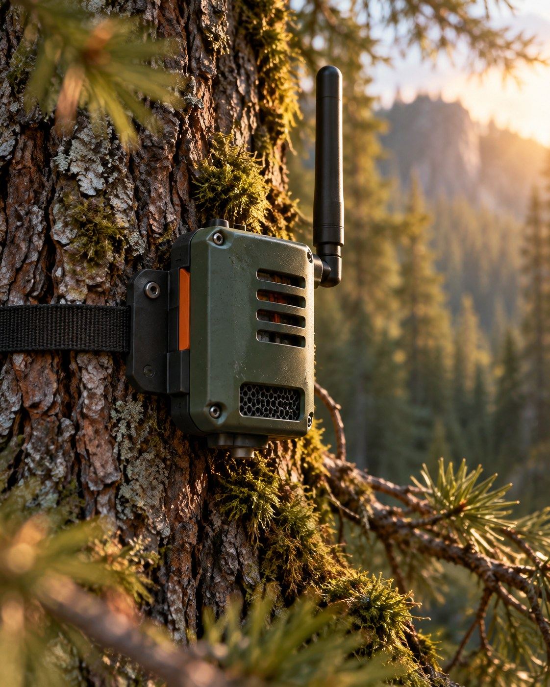 Illustrative concept of an environmental sensor mounted on a pine tree